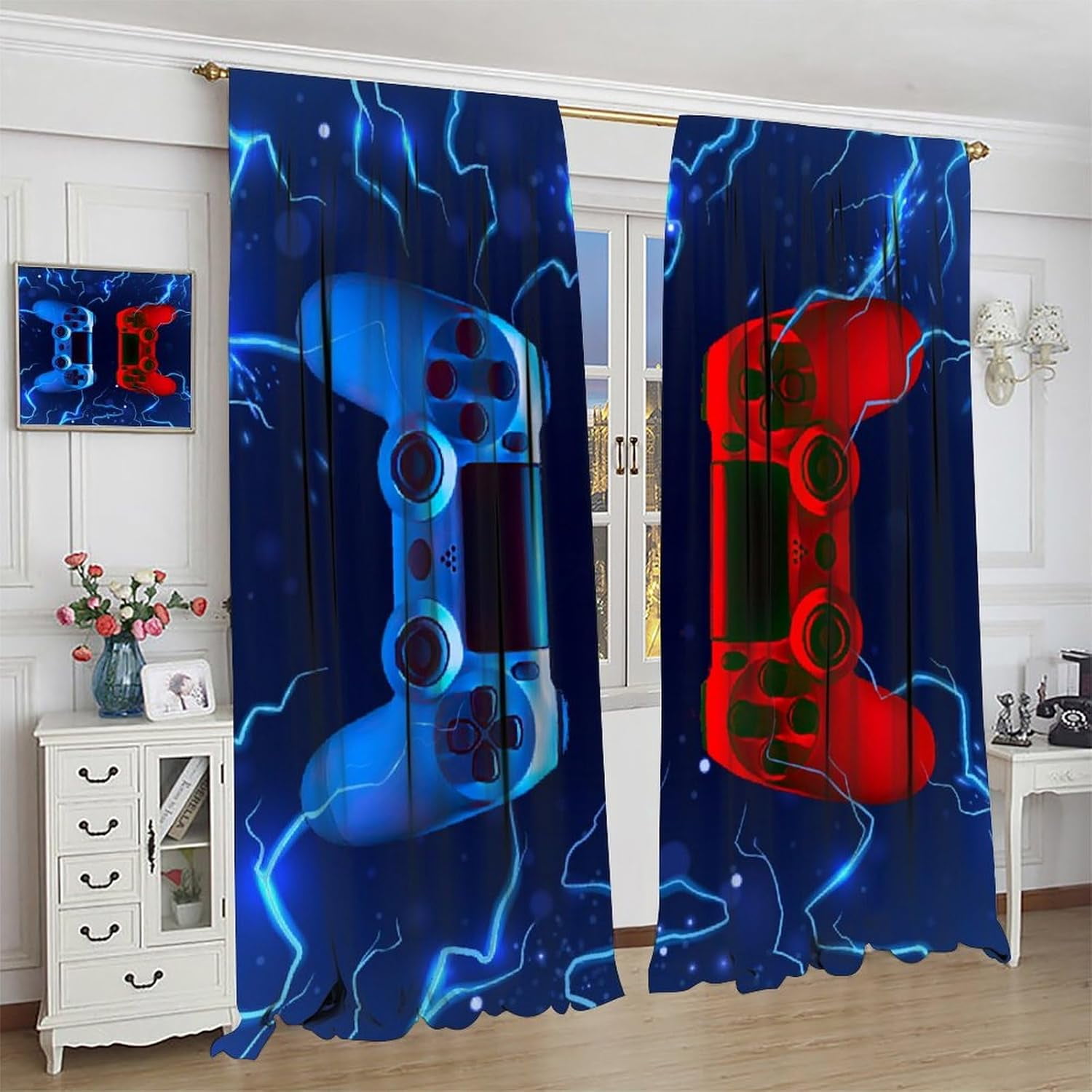 Modern Gamer Curtains, Video Games Window Curtains for Boys Bedroom 3D Red Blue Gamepad with Lightning Window Treatments for Kids Gamer Room Living Room, （W21xL63 Inch） x2 Panels