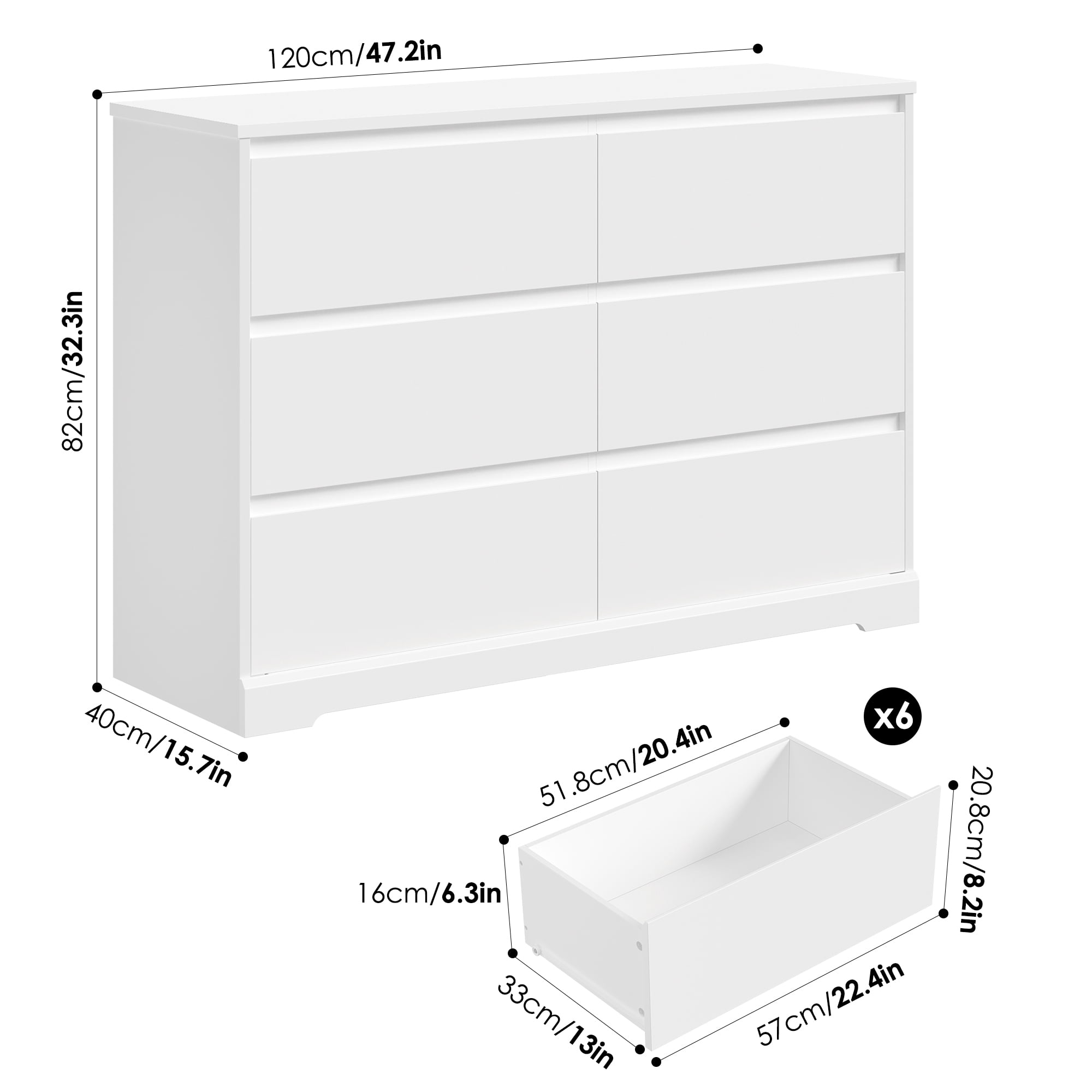 Homfa 6 Drawer Double Dresser, 47.2'' Wood Storage Side Cabinet Chest of Drawer for Bedroom Living Room, White