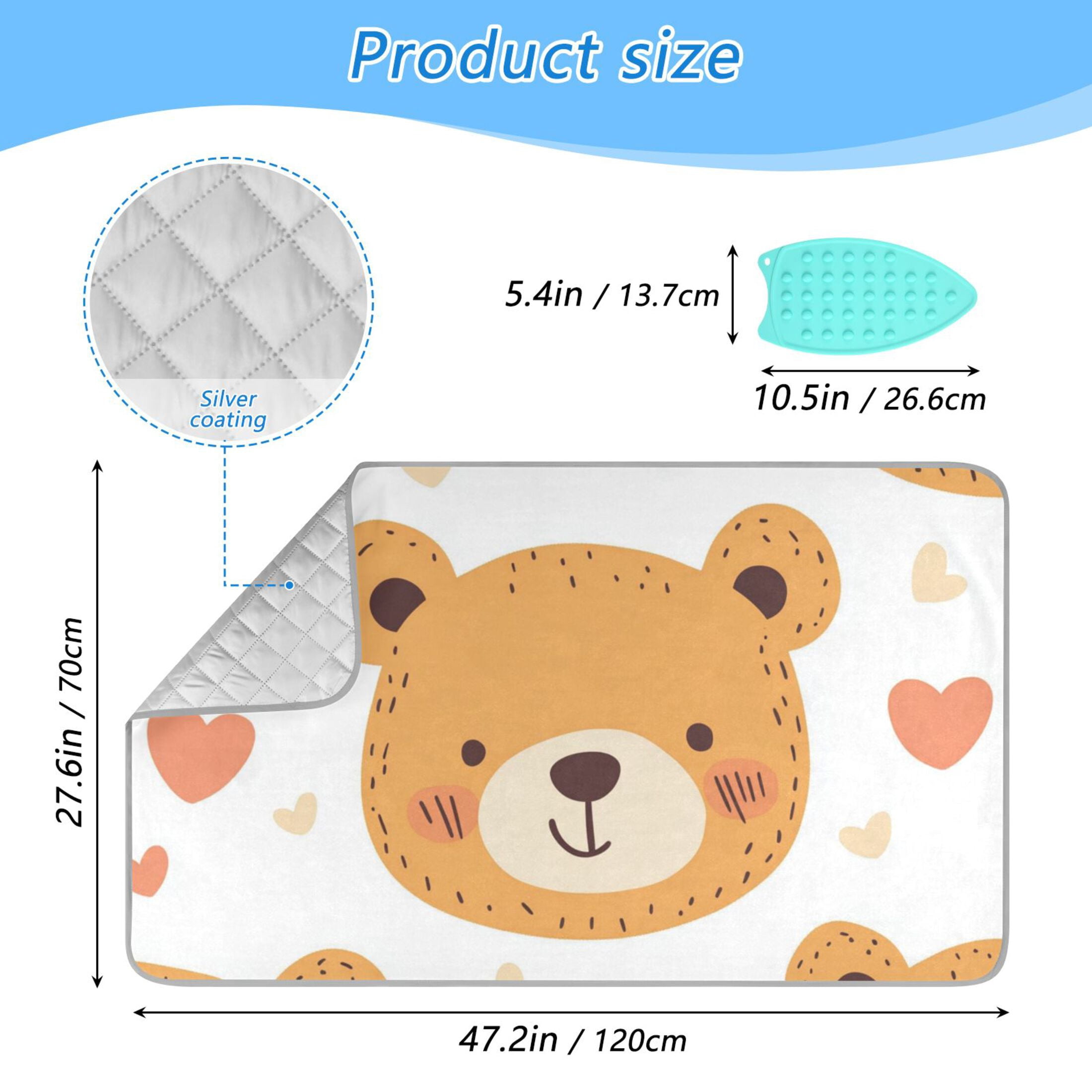 Cute Bear Faces Hearts Hand Drawn Ironing Mat Blanket Portable Travel Ironing Pad Heat Resistant Pad 47.2" x 27.6”
