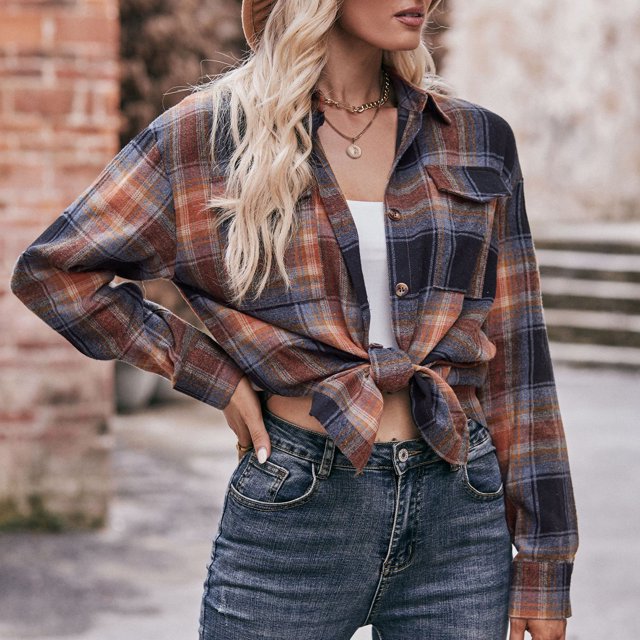 Camisa A Cuadros Blusas de otoño para mujer Blusas de camisa con cuello de solapa con bolsillo Cuello en V Traje diario Cgtredaw Negro L para Mujer