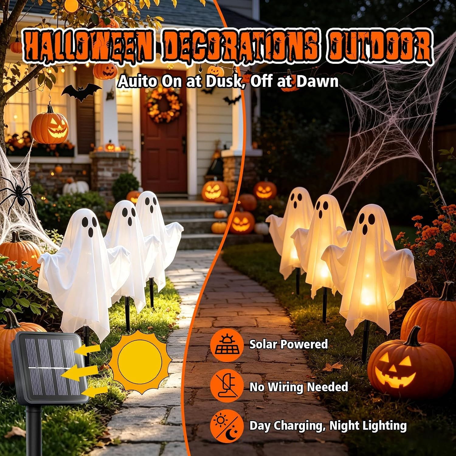 Solar Halloween Ghost Lights, 6-Piece Outdoor Stake Decorations with Warm White Glow and Poseable Arms for Garden Path, Yard, Porch, and Haunted House Displays
