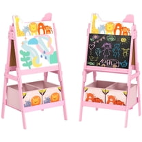 ALPULON Double Sided Easel for Kids, Standing Toddler Easel with Paper Roll, Magnetic Whiteboard, Chalkboard & Storage Baskets, Cute Pink