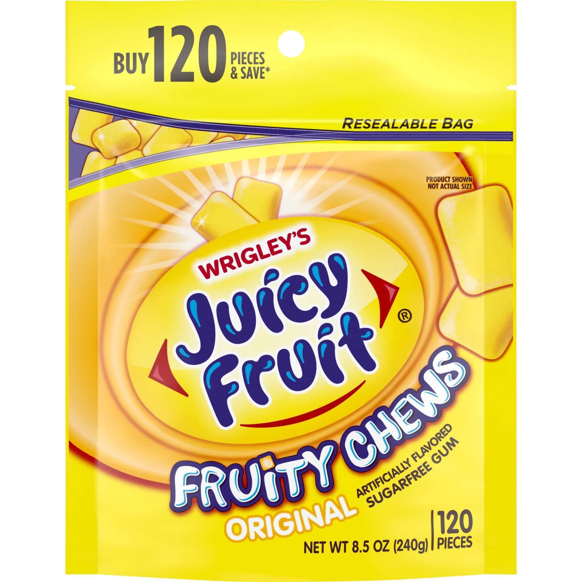 Juicy Fruit Gum, Original Fruity Chews, Sugar Free, 120 Piece Bag