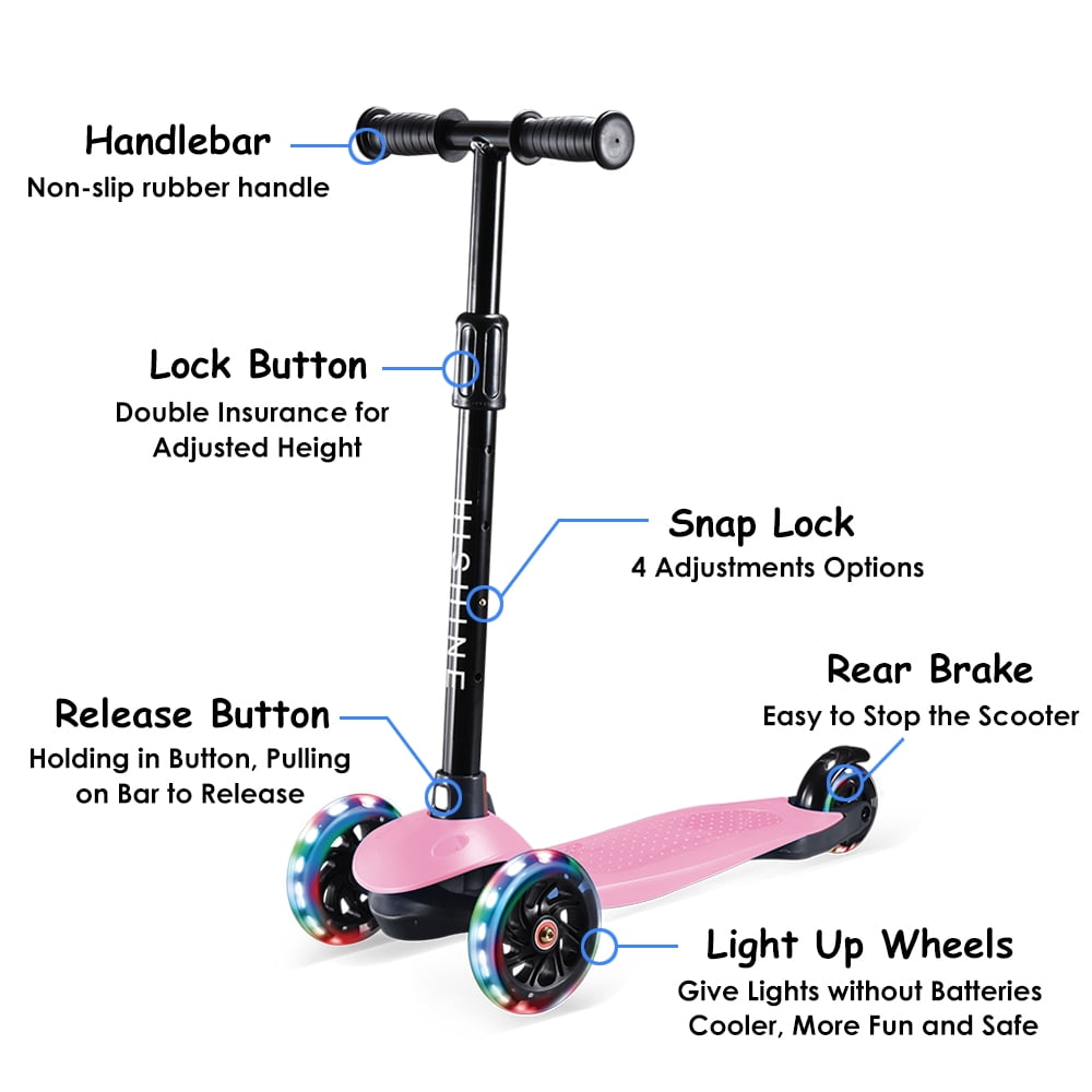 HighTech Mega GlideKick 3-Wheel Foldable Scooter With Lightup Wheels & Extendable T-Bar - Pink