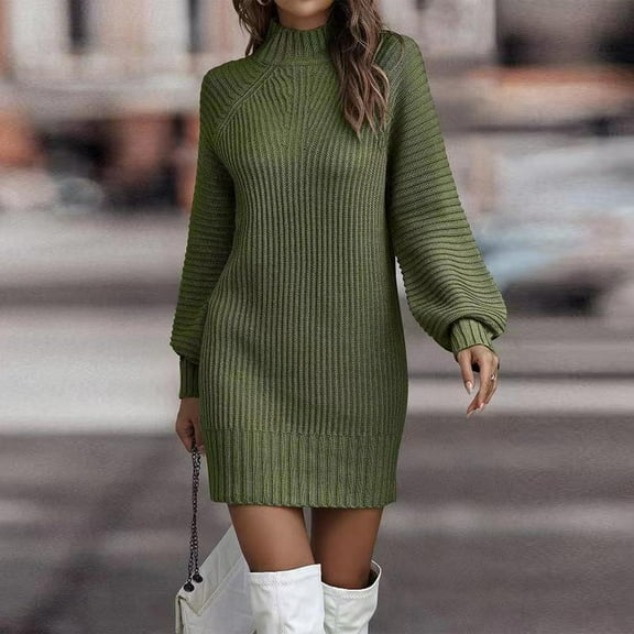 Stichou Sweater Dresses for Women 2025 Ribbed Knit Long Sleeve Casual Pleated Plain Dress Fall Winter Fashion Mock Neck Midi Dresses Army Green L
