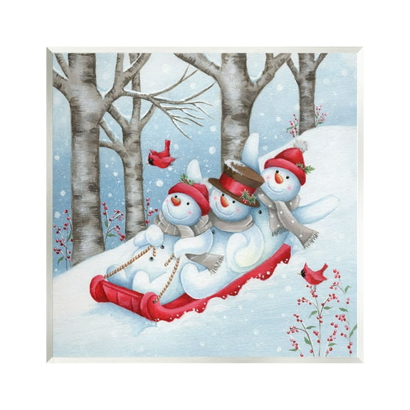 Stupell Industries Happy Snowman Trio Sledding Holiday Painting Unframed Art Print Wall Art, 12 x 12