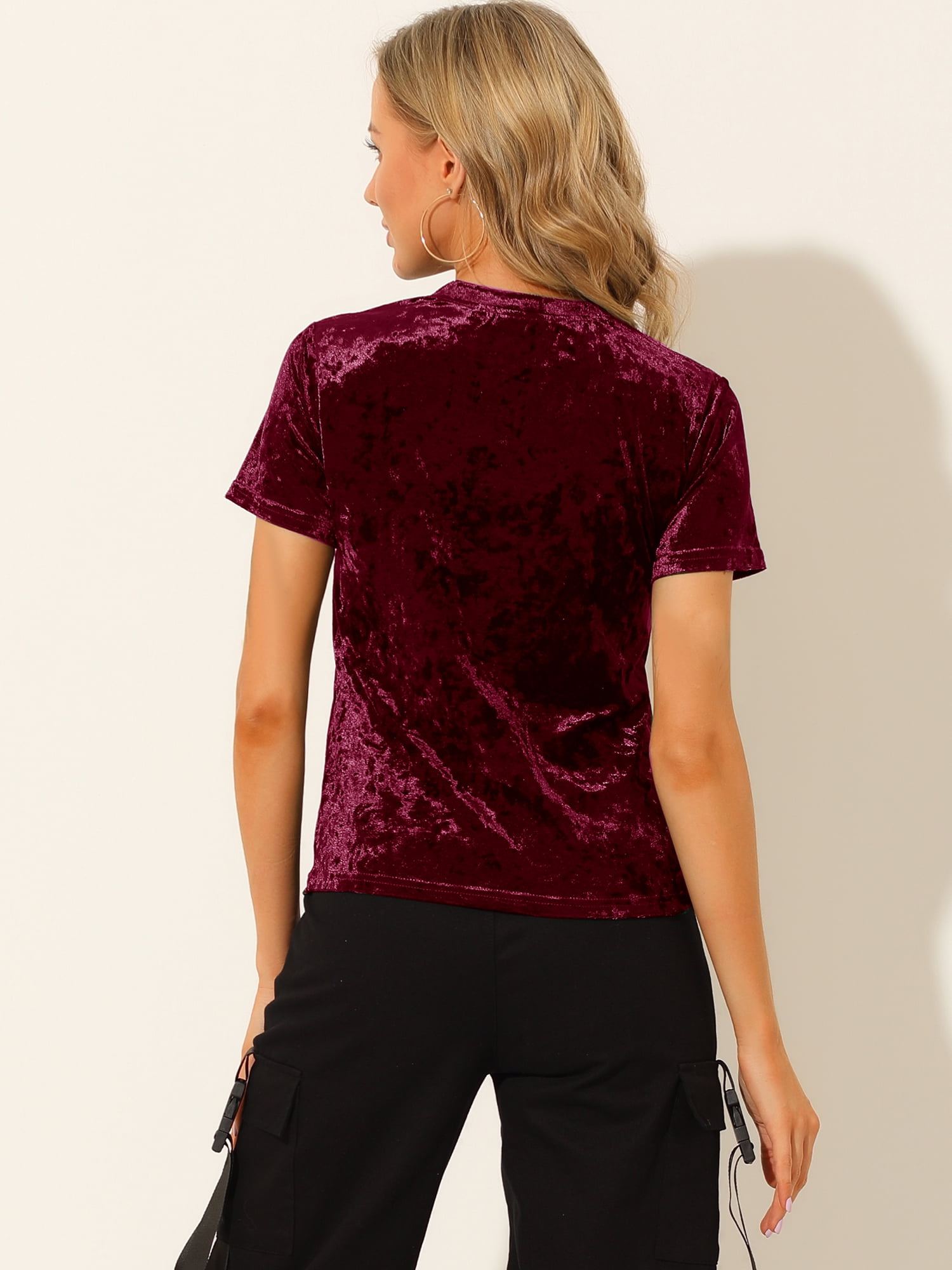 DARING DIVA Women's Velvet Blouse Tops Crew Neck Short Sleeve T-Shirt M Burgundy