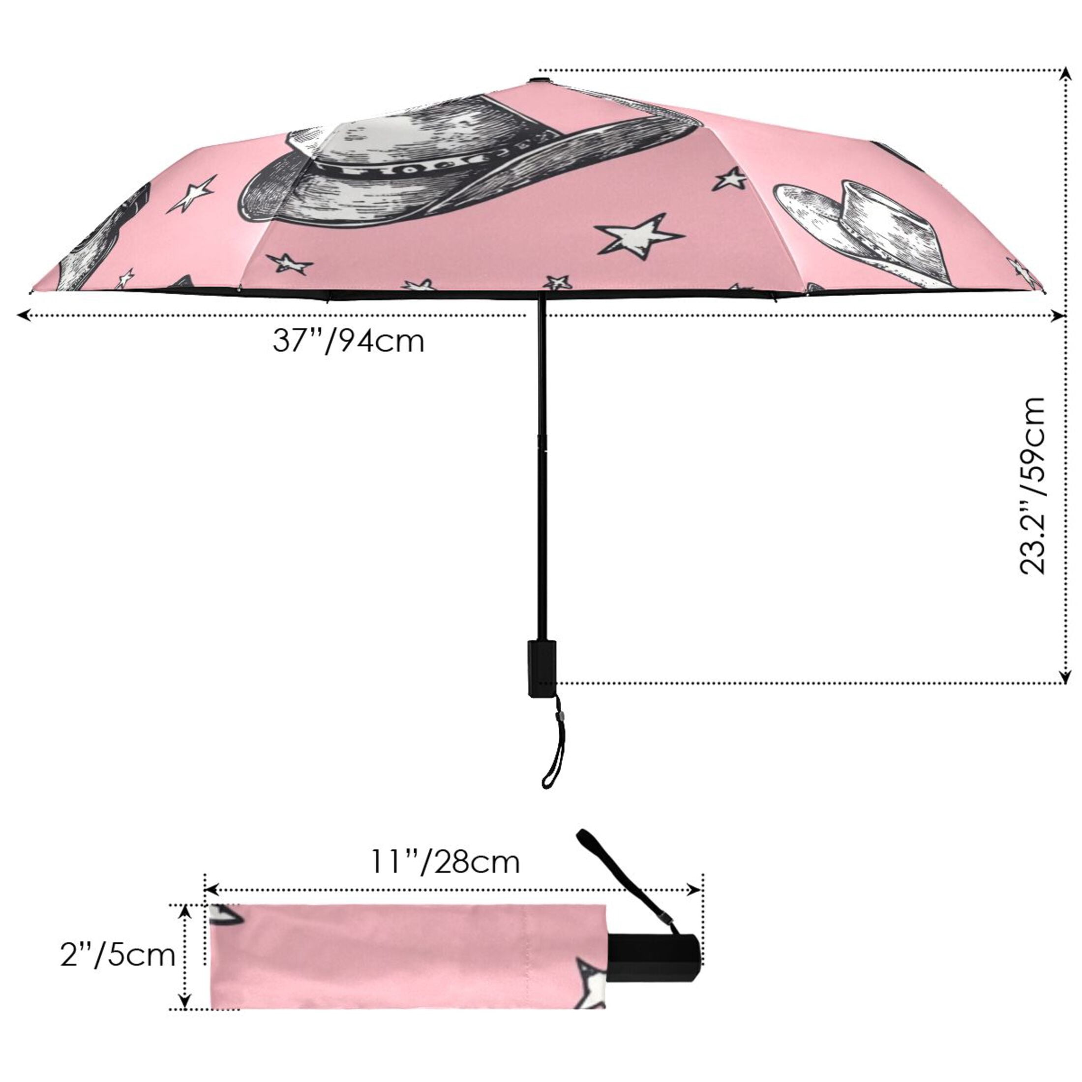 Cowboy Hats Boots Stars All Weather Umbrella Triple Folding Parasol 6 Ribs UV Protection Portable