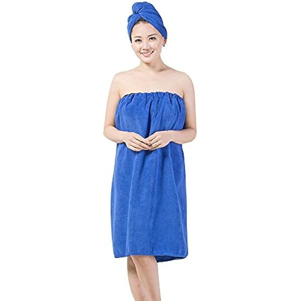 wonima11 Women’s Microfiber Bathrobe & Hair Turban Set - Extra Long Quick Dry Bath Wrap, Ultra Soft Spa Shower Robe with Adjustable Velcro (Sapphire Blue) | Super Absorbent for Thick Hair, Travel