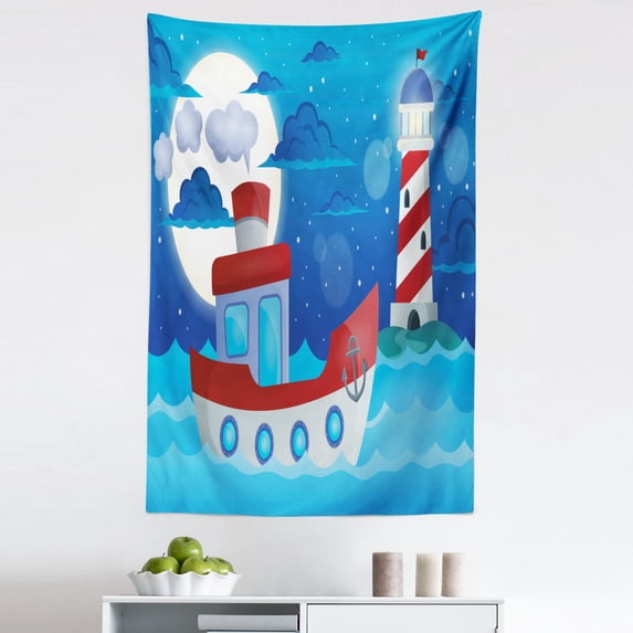 Maritime Tapestry, Cartoon Scene with a Ship and Lighthouse Nighttime Scene, Fabric Wall Hanging Decor for Bedroom Living Room Dorm, 5 Sizes, Cobalt Blue Multicolor, by Ambesonne