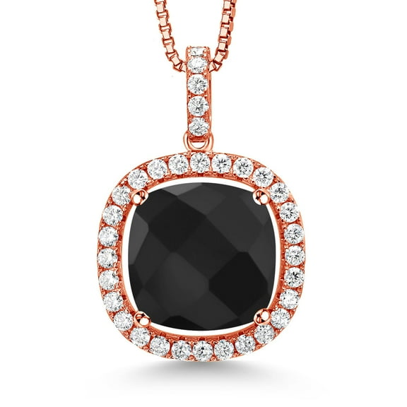 Gem Stone King 18K Rose Gold Plated Silver Pendant with Chain Onyx Moissanite (9.40 Cttw)