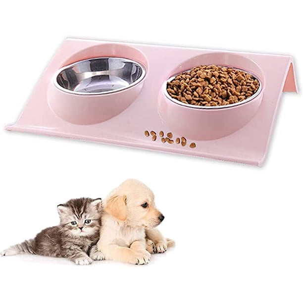cuenco para comedero de mascotas para perros, cuenco de comida doble con inclinación de 15°, cuenco doble para gatos elevado para cuenco de comida para perros y gatos pequeños (rosa)