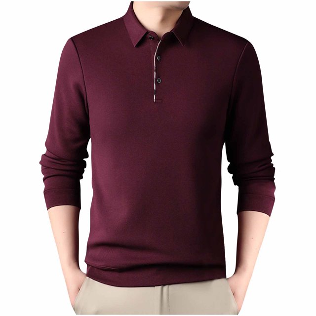 LNWUY Men's Long Sleeve Shirts Quick Dry Performance Shirt Spring Autumn Solid Color Padded Keep Warm Button T-Shirts Red XL
