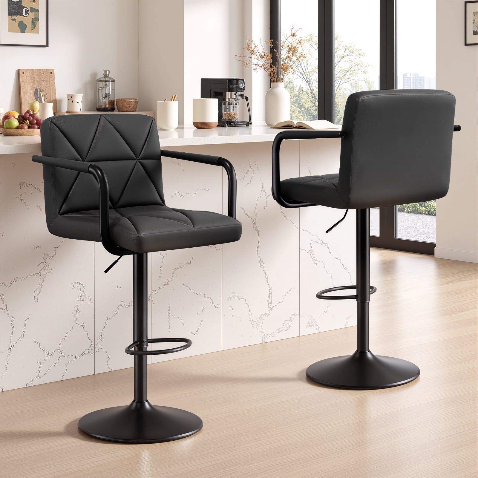 Daluvenix Bar Stools Set of 2， PU Leather Adjustable Swivel Barstools，Hydraulic Counter Height Bar Chairs with Armrest Back for Kitchen Island，Black