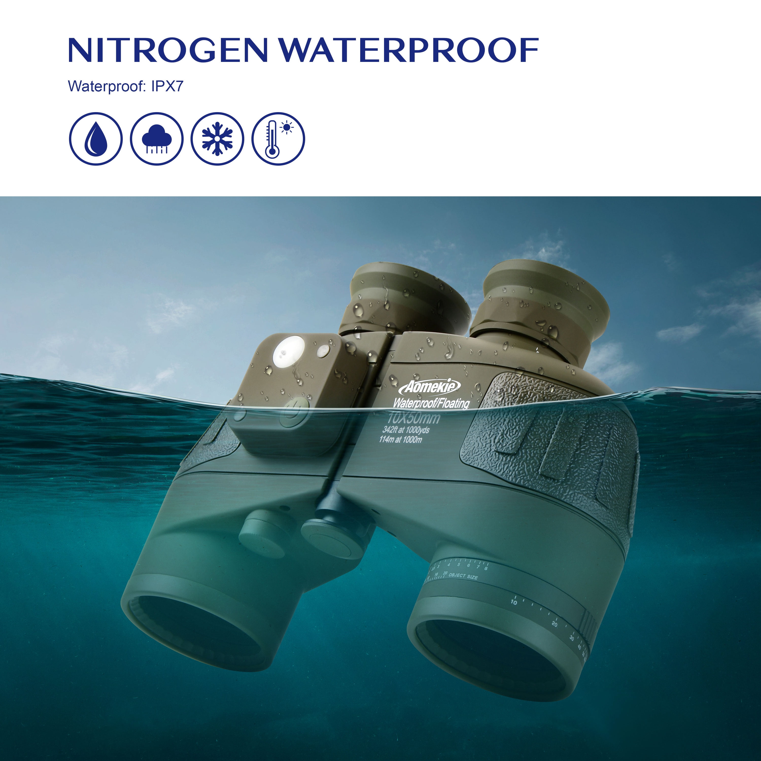 10X High Power Marine Binoculars 50mm FMC Lens Bak4 Prism with Compass Rangefinder Waterproof for Hunting Boating