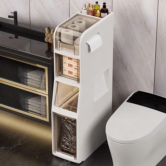 4 Tiers Bathroom Floor Cabinet with Bin, Standing Storage Cabinet with Wheels Mobile Storage Drawers with Large Capacity for Bathroom Living Room Kitchen