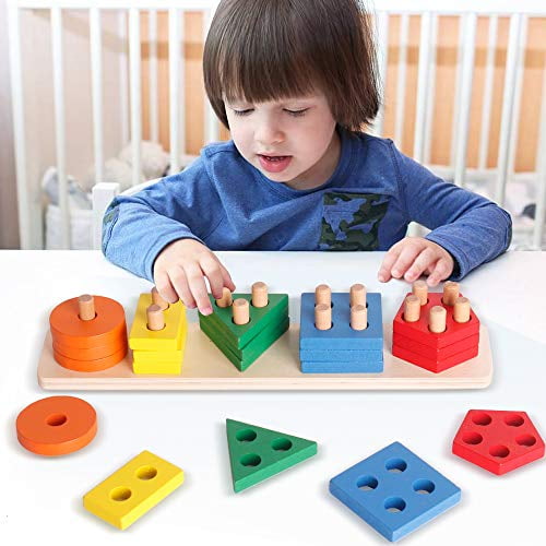 36 PCS Preschool Wooden Educational Toys Shape Color Recognition Geometric Board Blocks for Sorting Stacking Non-Toxic Toys for 1 2 3 4 5 Year Old Boys and Girls 