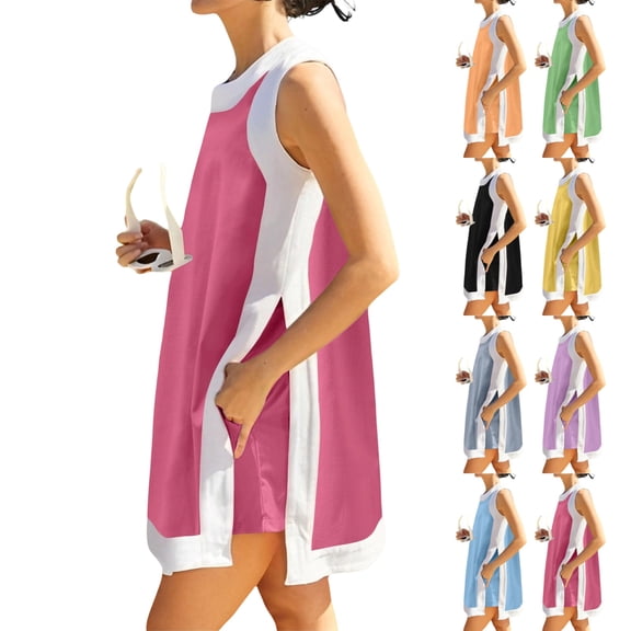 Summer Outfits for Women 2 Piece Set Casual Color Block Going Out Sets Sleeveless Crewneck Tank Top and Shorts with Pockets Hot Pink XL