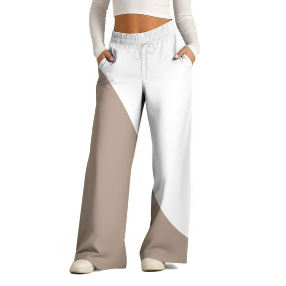 LYEAA Pants for Women Plus Size Casual Loose Trousers Drawstring Elastic Mid Waist Wide Leg Long Pants Color Block Baggy Comfort Pants Soft Pants Brown S