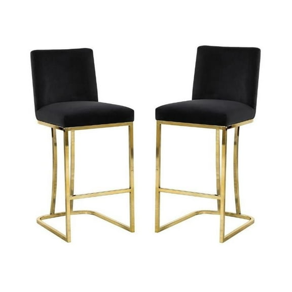Home Square 2 Piece Upholstered Velvet Counter Stool Set with Metal Gold Legs for Bar, Kitchen, Dining Room, Living Room and Bistro Pub, in Black