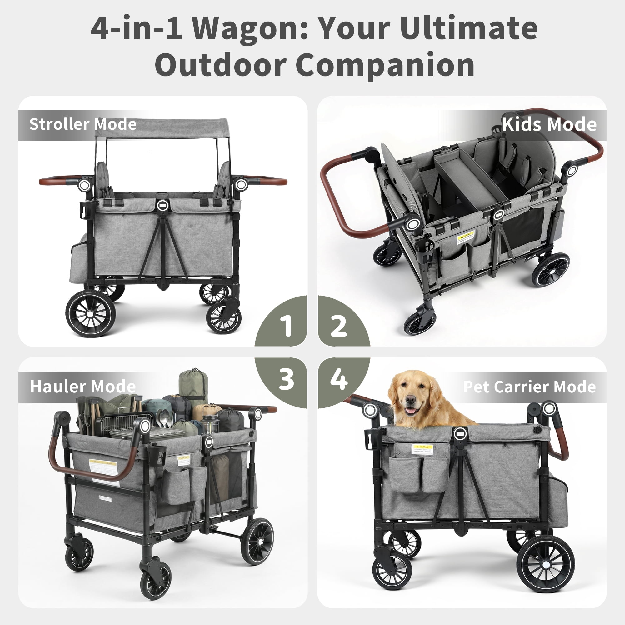 AILEEKISS Wagon Stroller for 4 Toddlers, 4-in-1 Baby Wagon with Canopy, 59 Pounds, Grey