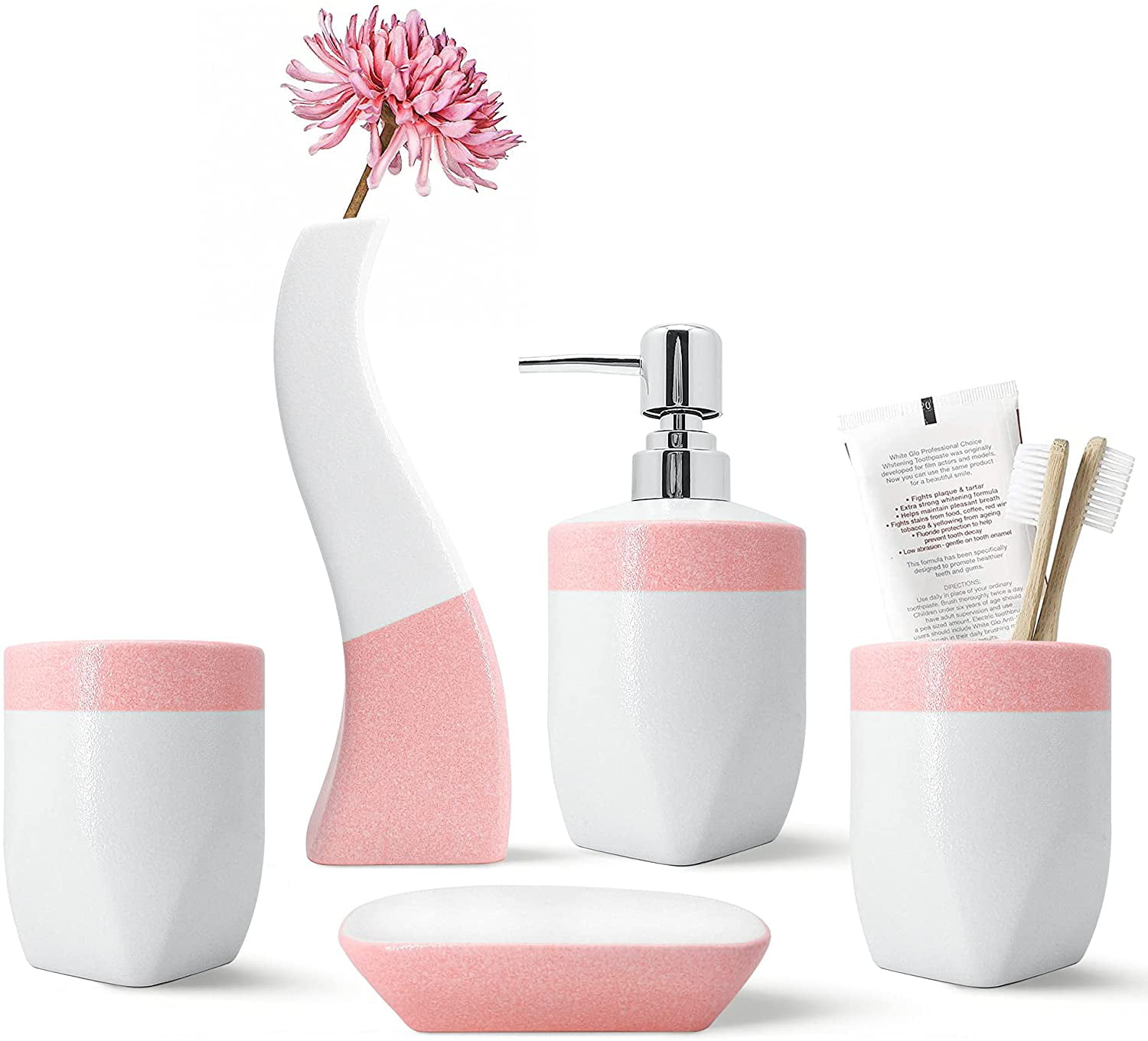 Pink Bathroom 5pcs Bath Accessory Set Soap Dispenser Dish Toothbrush Holder 