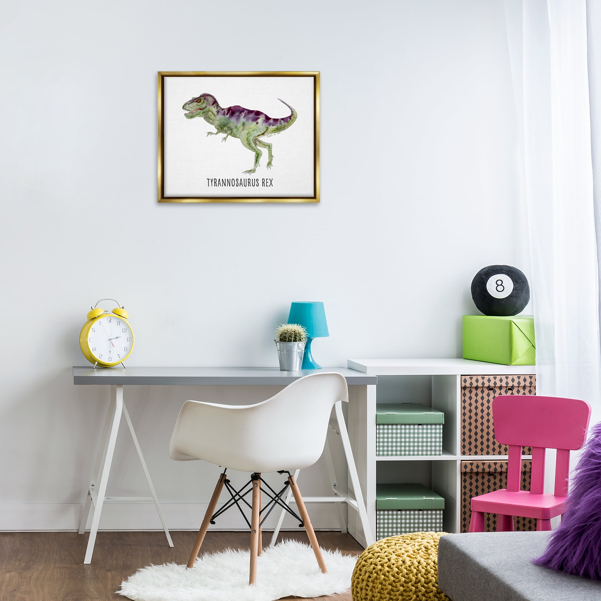 Stupell Industries Tyrannosaurus Rex Dinosaur Learning Animals Painting Gold Floater Framed Canvas Art Print Wall Art, 21 x 17