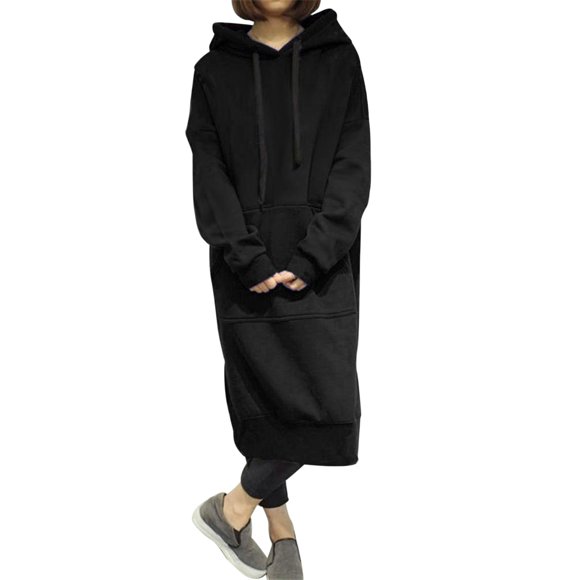 DondPO Long Sleeve Dress for Women,Plus Size Dresses Women's Large Size Round Neck Hooded Solid Color Long Sleeved Long Sweater Dress Maxi Dress,Elegant Dresses Hoodie Dress Black Dress 5XL