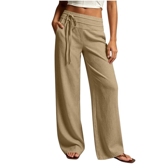 Bosfbaoi Pants for Women Drawstring Expandable Waist Linen Straight Leg Womens Pants Casual Full Length Palazzo Beach Trousers with Side Pockets
