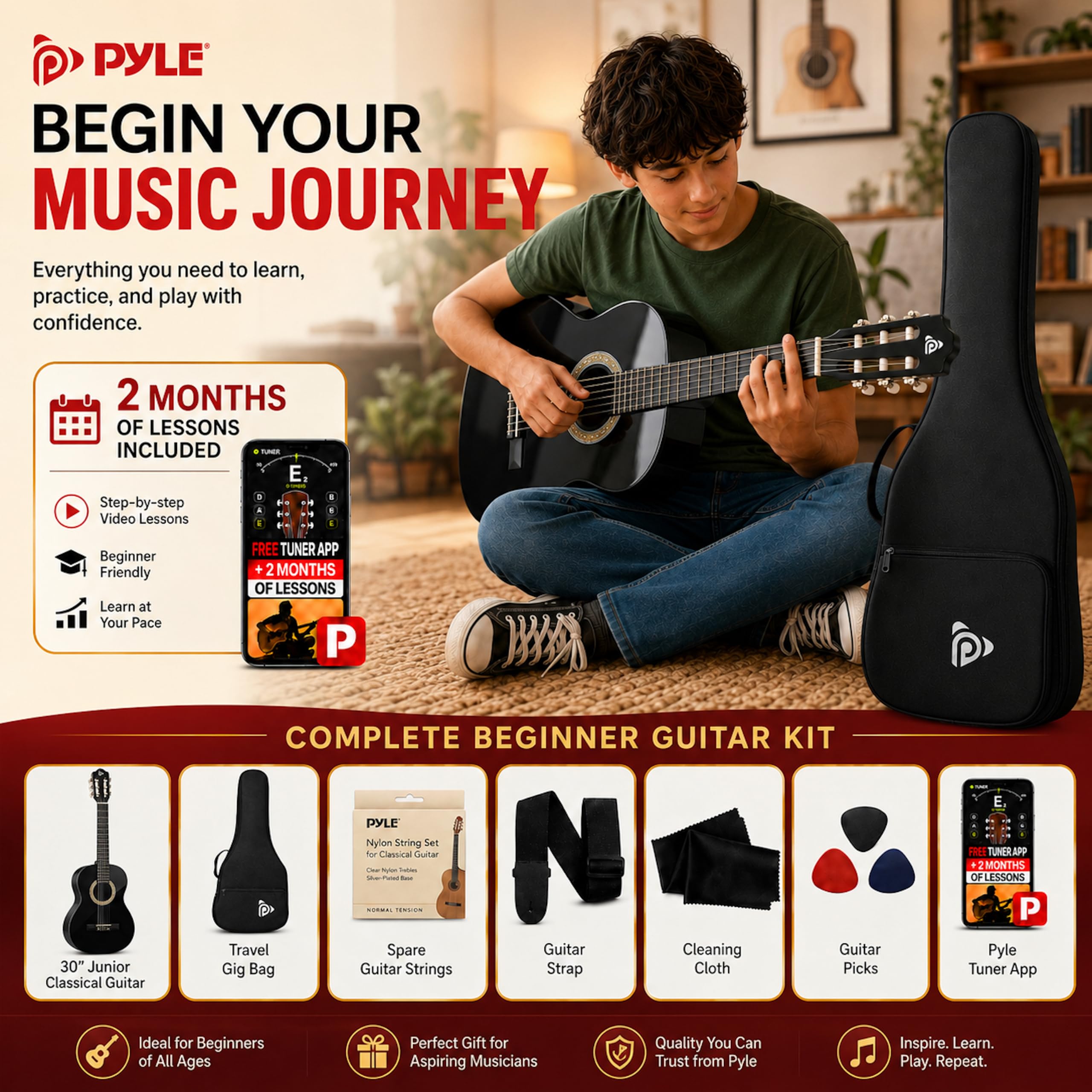 Pyle 30in Classical Acoustic Guitar Beginner Kit Black photo 2