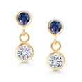 thumbnail image 2 of Gem Stone King 14K Yellow Gold White Moissanite and Blue Created Sapphire Drop Dangle Earrings for Women (0.74 Cttw, Gemstone Birthstone, Round 4MM and 3MM), 2 of 4