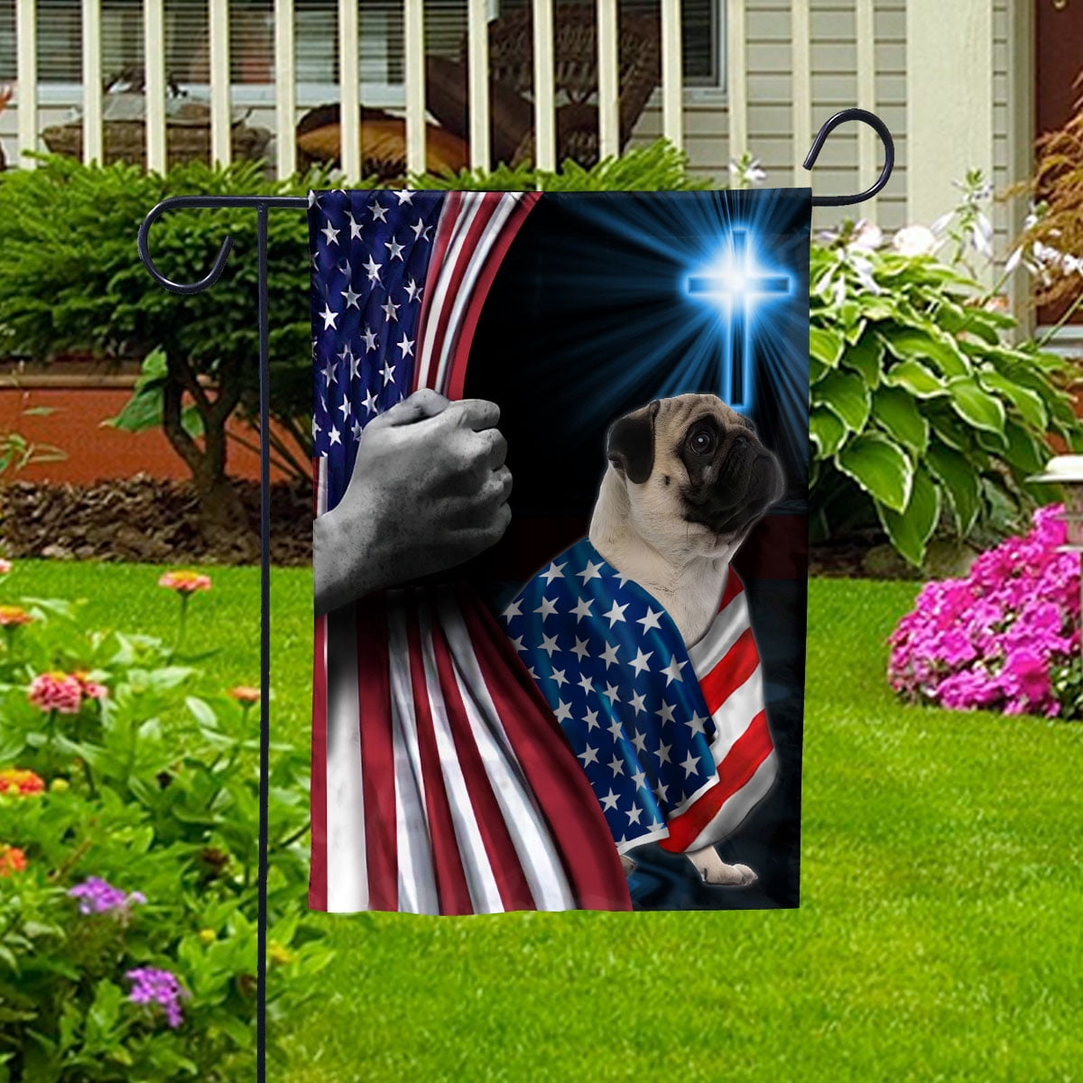 Hand Pulling USA Flag Pug Dog Wearing Flag American Standing under Cross Christian Patriotic House Flag (3x5) Double Sided- Premium Polyester-Decorative Indoor Outdoor Flag