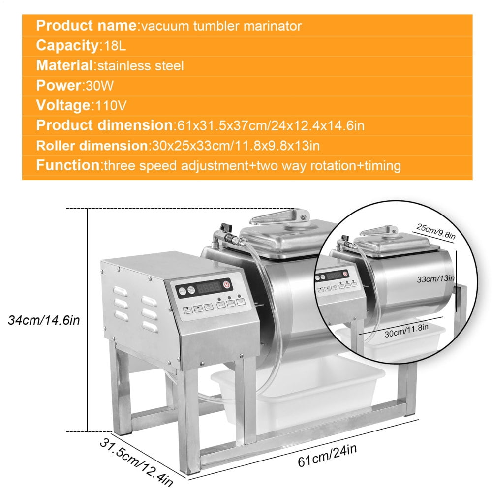 Meat Tumbler Marinator | 36lb/18L Vegetable Meatball Vacuum Tumbling Marinator | Three-Speed Meat Pickle Machine, Fast Marination Process for Jerky, Sausage, Bacon