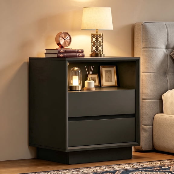TEENFON Nightstands, 2-Drawer Bedside End Table for Bedroom, Black