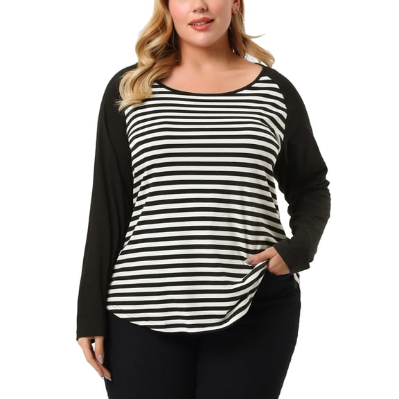 Agnes Orinda Women's Plus Size Boho Relaxed Fit Blouse Color Block Long Sleeve Top