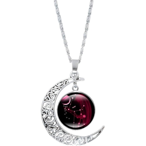 Collar de luna de 12 constelaciones Collar de astrología Collar con colgante de cuentas de vidrio de galaxia y luna creciente, collar de joyería de plata de ley, joyería ideal