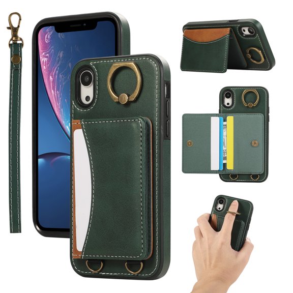 for iPhone XR Wallet Case with Card Slots, Hand Wrist Strap Rotate Ring Design, Finger Grip Ring PU Leather Magnetic Button Shockproof Purse Phone Cover for iPhone XR, Green