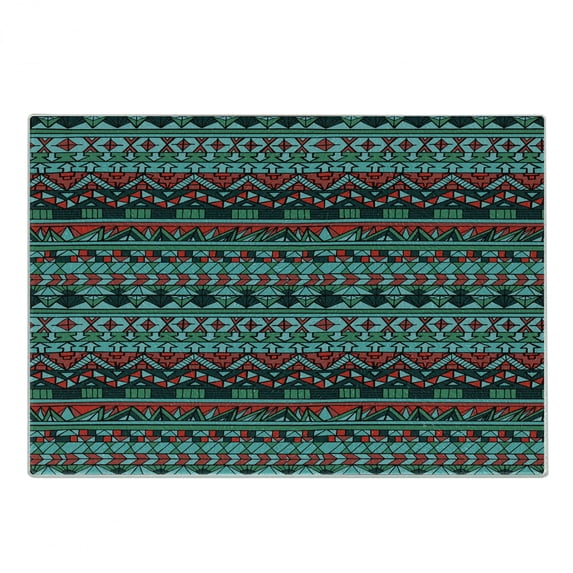 Tribal Cutting Board, Hand Drawn Design Geometric Pattern with Sharp Shapes and Stripes, Decorative Tempered Glass Cutting and Serving Board, Small Size, Red Blue Teal, by Ambesonne