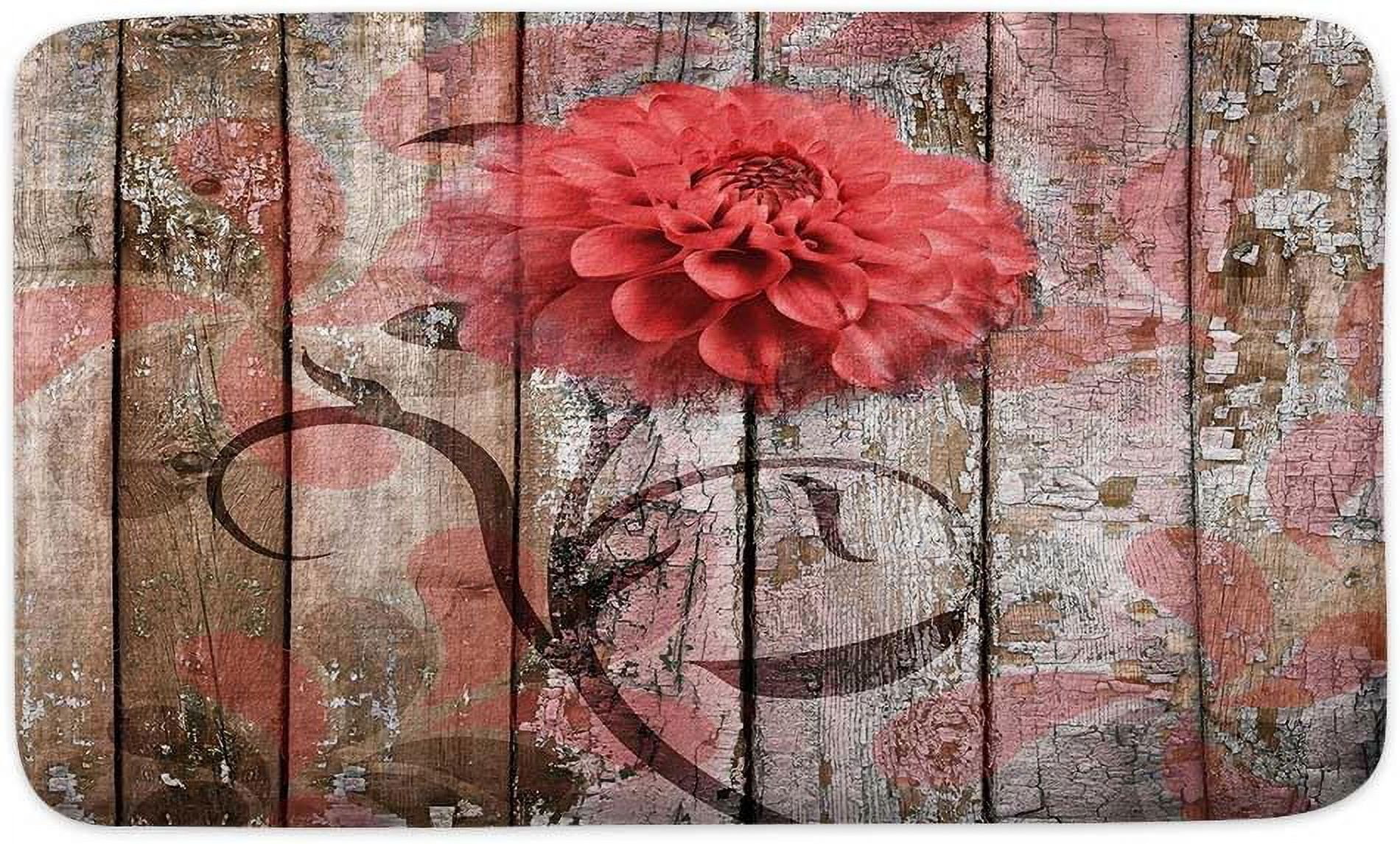 Farmhouse Floral Flower Bath Mat, Dahlia Rustic Wooden Plank Country Barn Wood Red Flower Non-Slip Flannel Soft Doormat Floor Entryways Outdoor Indoor Front Door Mat, (16X24)
