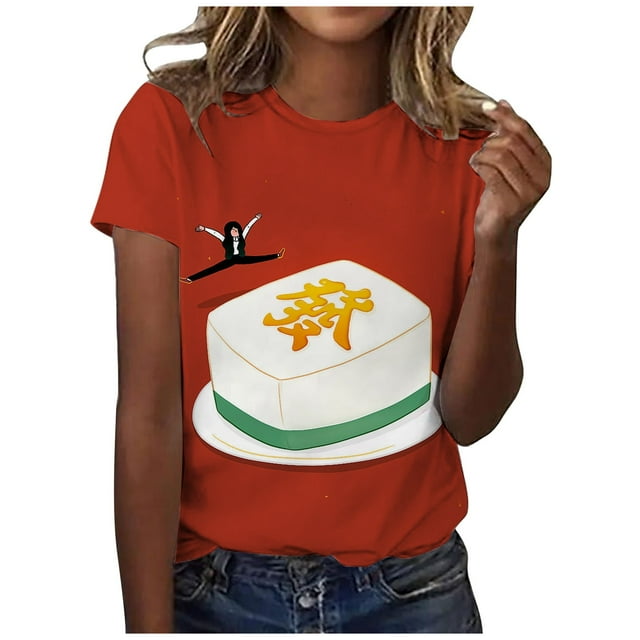 LUOGENLI T-shirts pour Femmes Classique Quotidien Manches Courtes Rétro Mahjong Tendance Décontracté Col Rond T-shirts 4TG Graphiques Saint-Valentin Rouge m