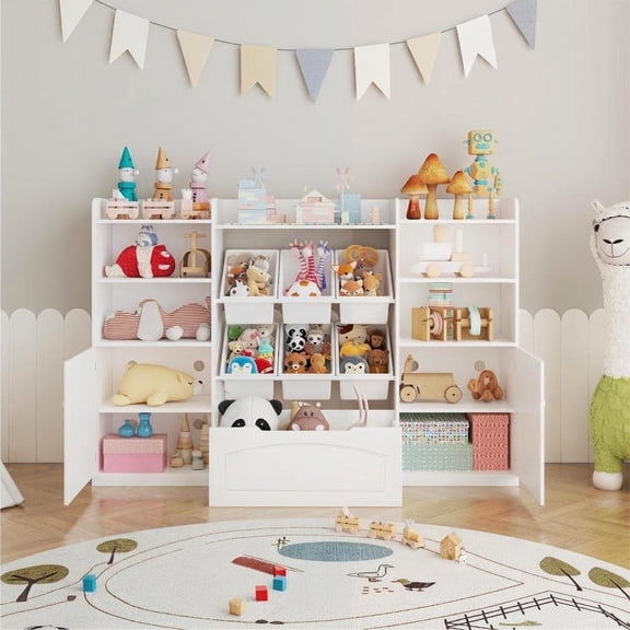 Huisuilinss Toy Storage Organizer,Toy Organizers And Storage With 6 Removable Bins & 6 Cubbies,Bookshelf Bookcase With Movable Chests For Playroom Bedroom Classroom Kindergarten
