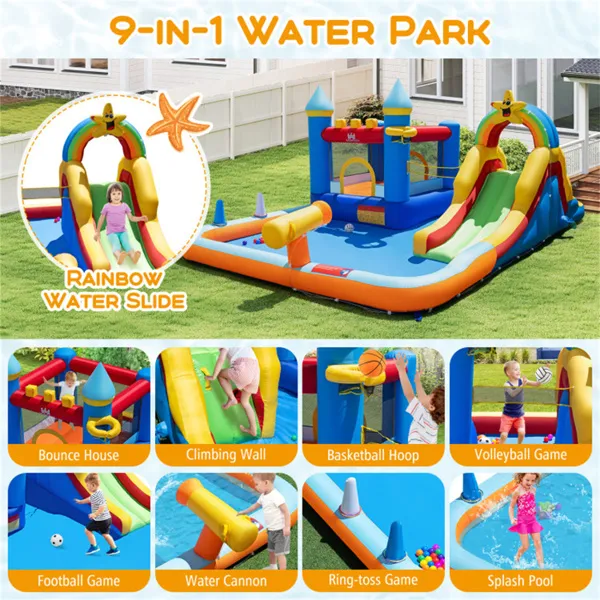 Inflatable Water Slide Bounce House, Multi-Sport Games with Splash Pool & Blower (Colorful)