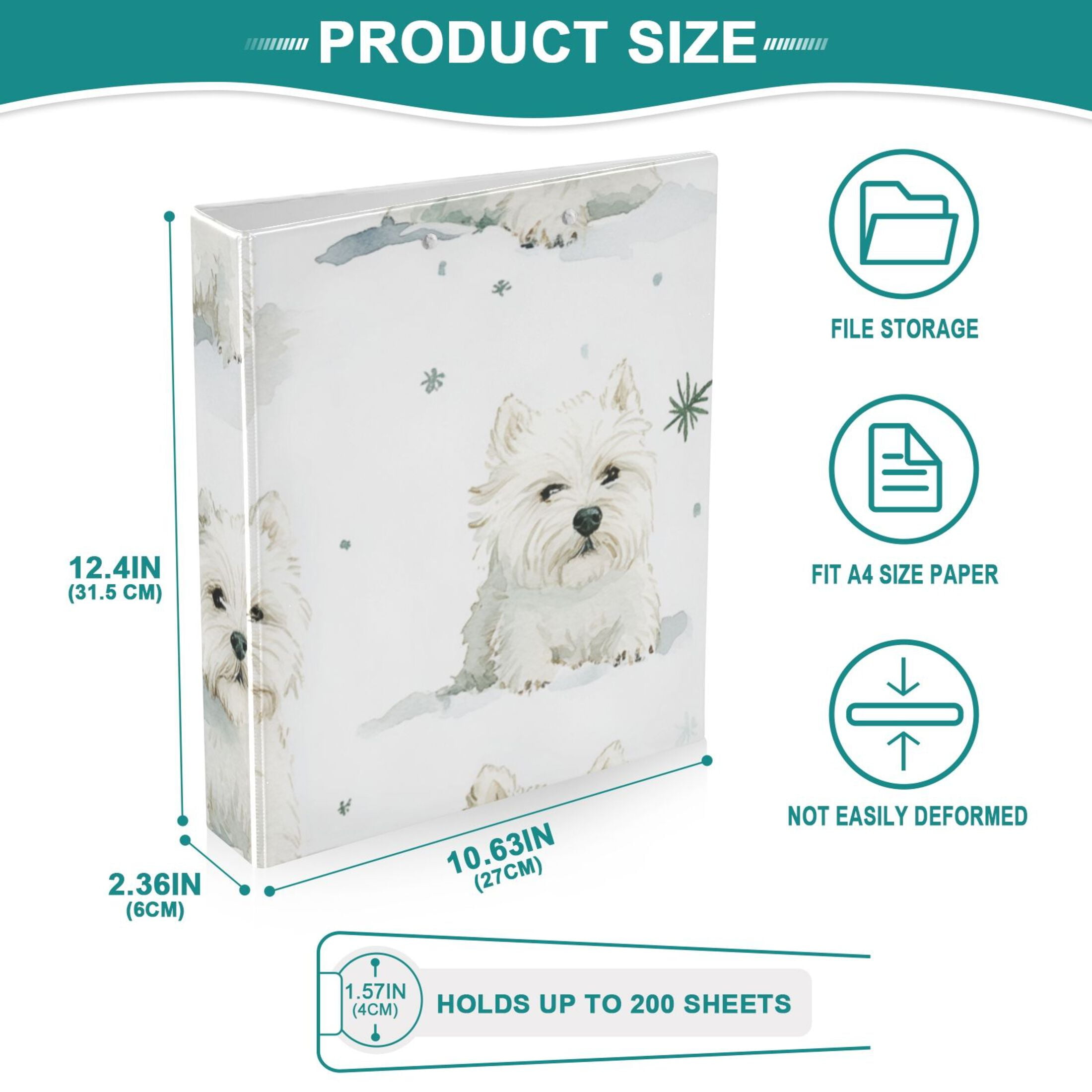 Cute White Dogs 3 Ring Binders 1.5 inch Hardcover File Folders with Interior Pockets A4 Size Organizer for School Office Hospital