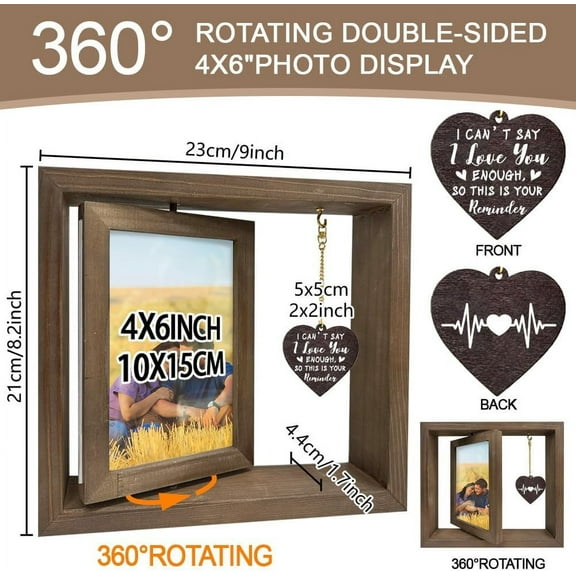 1Pc Double Sided Rotating Picture Frame for Wedding I Can’t Say I Love You Enough Wood Photo Frame with Heart Charms Anniversary Gift for Couple Lover Fits 4x6inch(10x15cm) in Photo
