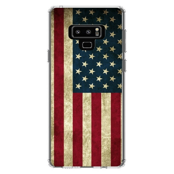 DistinctInk Clear Shockproof Hybrid Case for Samsung Galaxy Note 9 - TPU Bumper, Acrylic Back, Tempered Glass Screen Protector - Red White Blue United States Flag Old - America