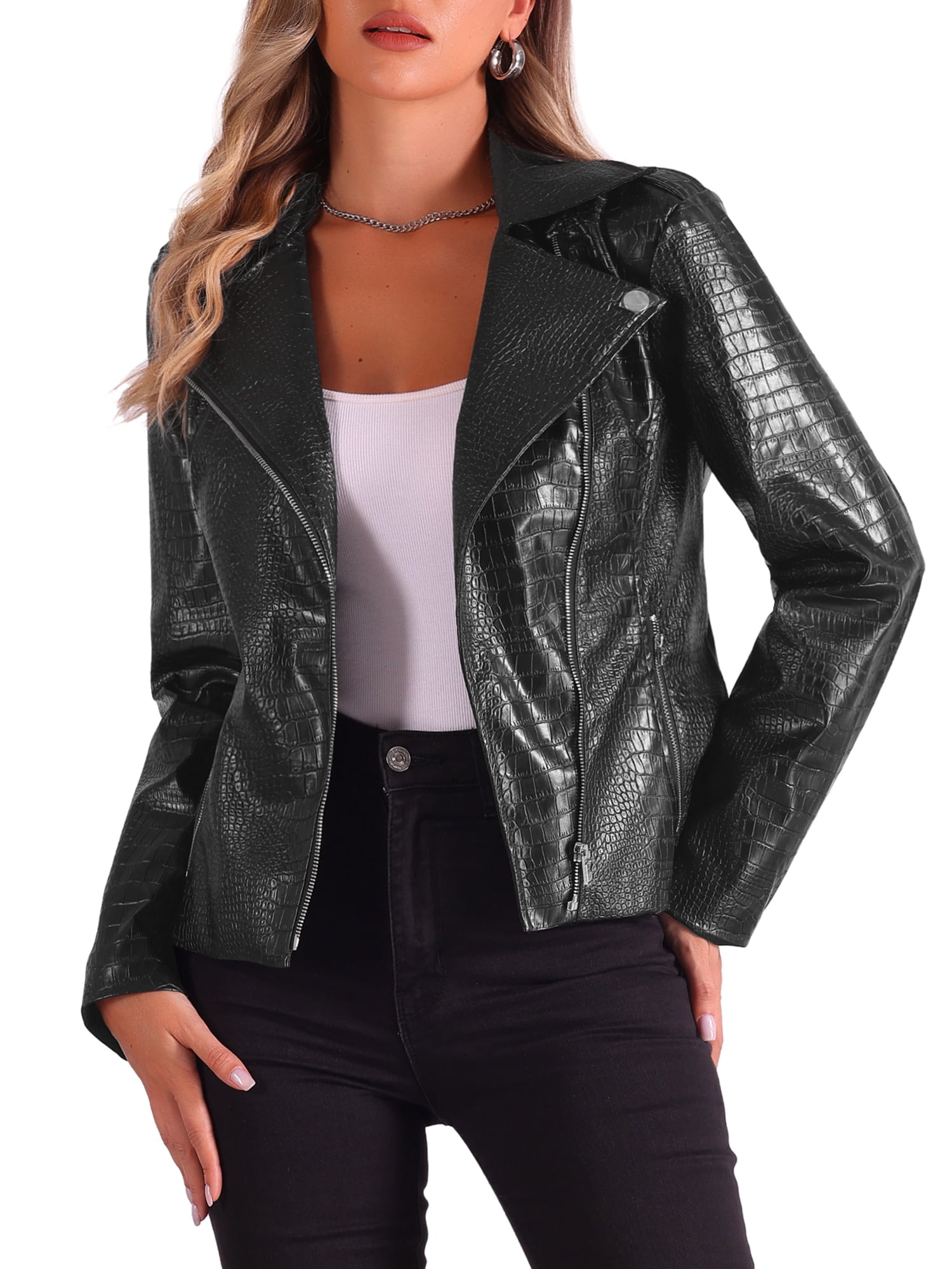 INSPIRE CHIC Faux Leather Jacket for Women's Motorcycle Zip Up Cropped PU Biker Coats