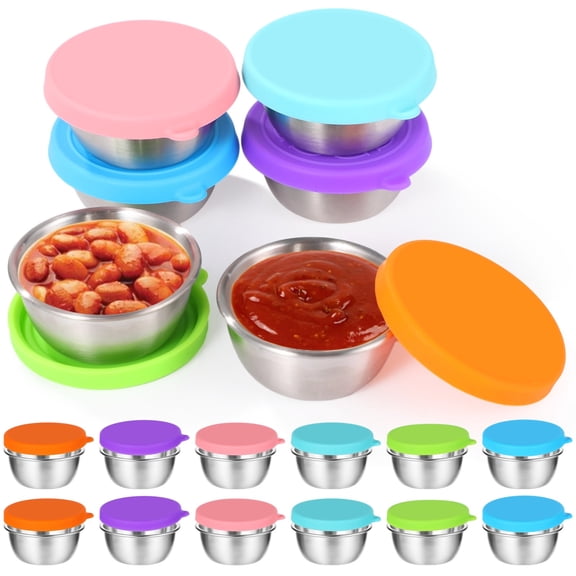 12 Pcs 1.7 oz/50ml Salad Dressing Condiment Containers with Silicone Lids, Reusable Stainless steel Leakproof Dipping Sauce Cups for Kitchen Picnic Travel