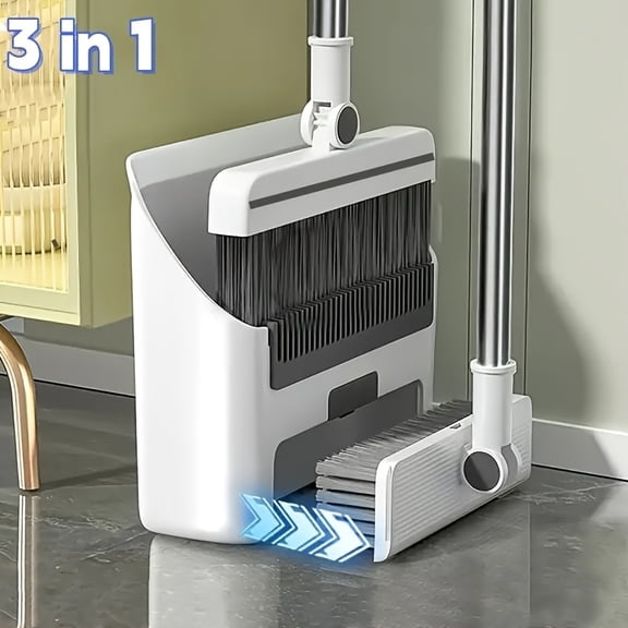 Broom with Dustpan Combo Set, Long Handle Upright Standing Self-Cleaning Broom and Dustpan Set for Pet Hair & Dust Cleanup, Indoor Outdoor Use for Home, Kitchen, Office