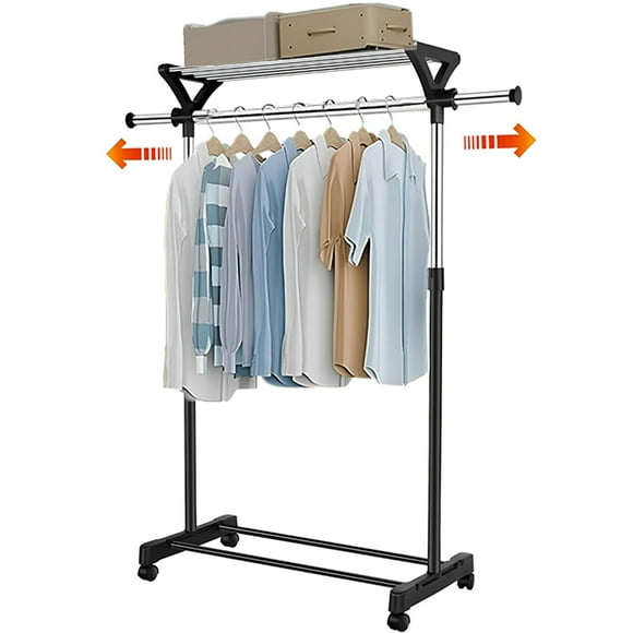 Mobile Adjustable Garment Rack, Expandable Rolling Clothes Rack Clothing Organizer Shelf with Top and Bottom Shelves