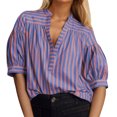 thumbnail image 7 of OBEEII Plus Size Shirt for Women Short Puff Sleeve Top V Neck Stripe Splicing Business Shirt Casual Blouse Top, 7 of 7